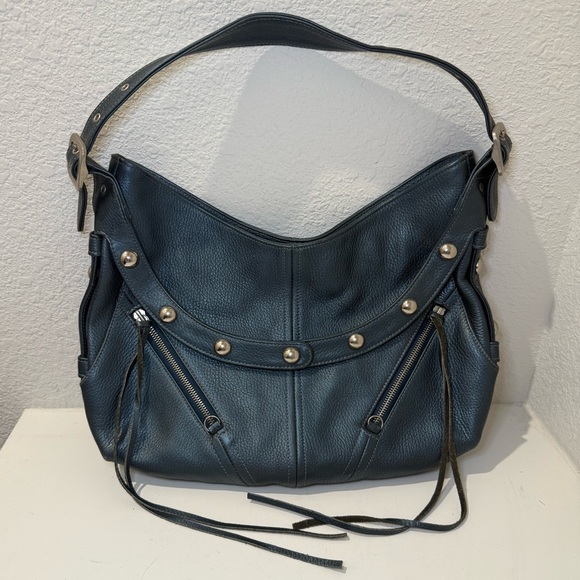 Botkier Handbags - Botkier TRIGGER Mermaid Blue Moto Leather Hobo Shoulder Bag Studded Fringe